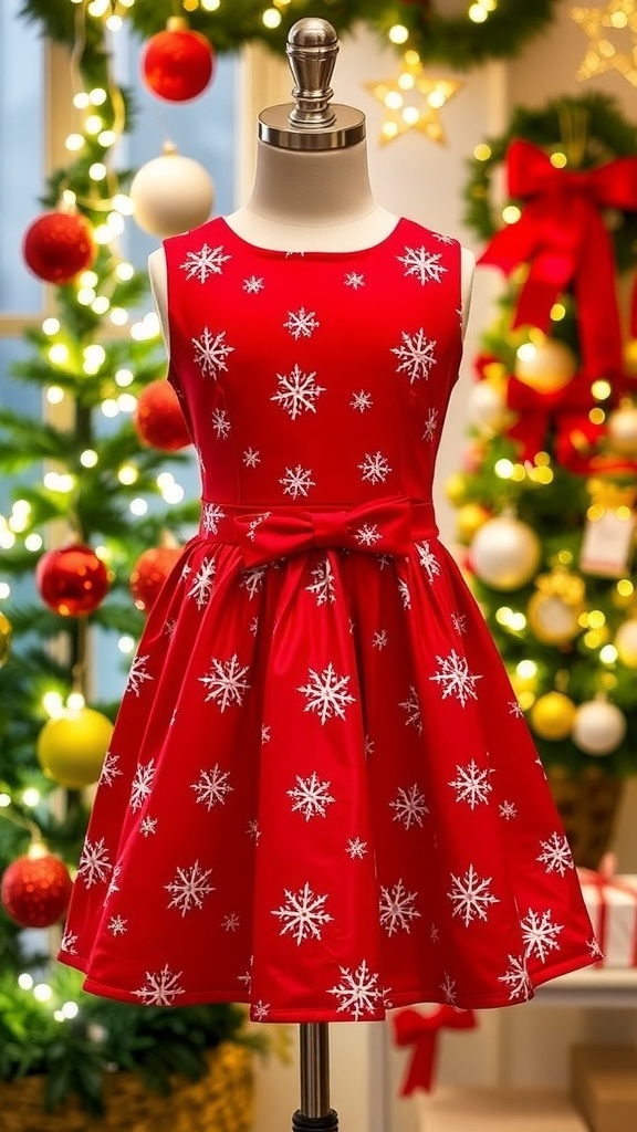 A charming 4T Christmas dress in red with white snowflakes and a bow, displayed with holiday decorations.